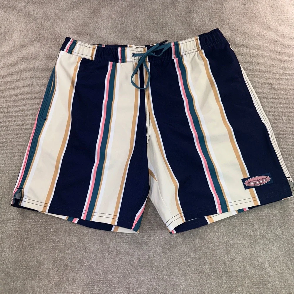 Vineyard Vines Mens Striped Swim Trunks Navy Pink Cream Board Shorts Small 7in